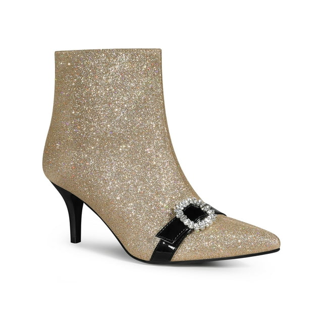 Unique Bargains Rhinestones Pointed Toe Stiletto Heel Glitter Ankle Boots for Women Gold (Size 6)