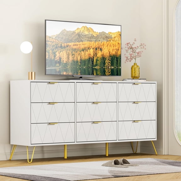 Anbuy 9 Drawer Double Dresser, Dual Chest of Drawers Modern Dresser for Bedroom with Gold Handles (White)