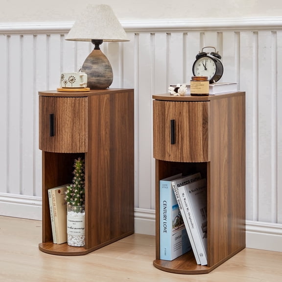 LEFHDA Narrow Set of 2 Nightstands for Living Room, Slim Bedside Cabinets Small Spaces, Mid-Century Modern Wooden Farmhouse End Tables for Bedroom(Walnut)