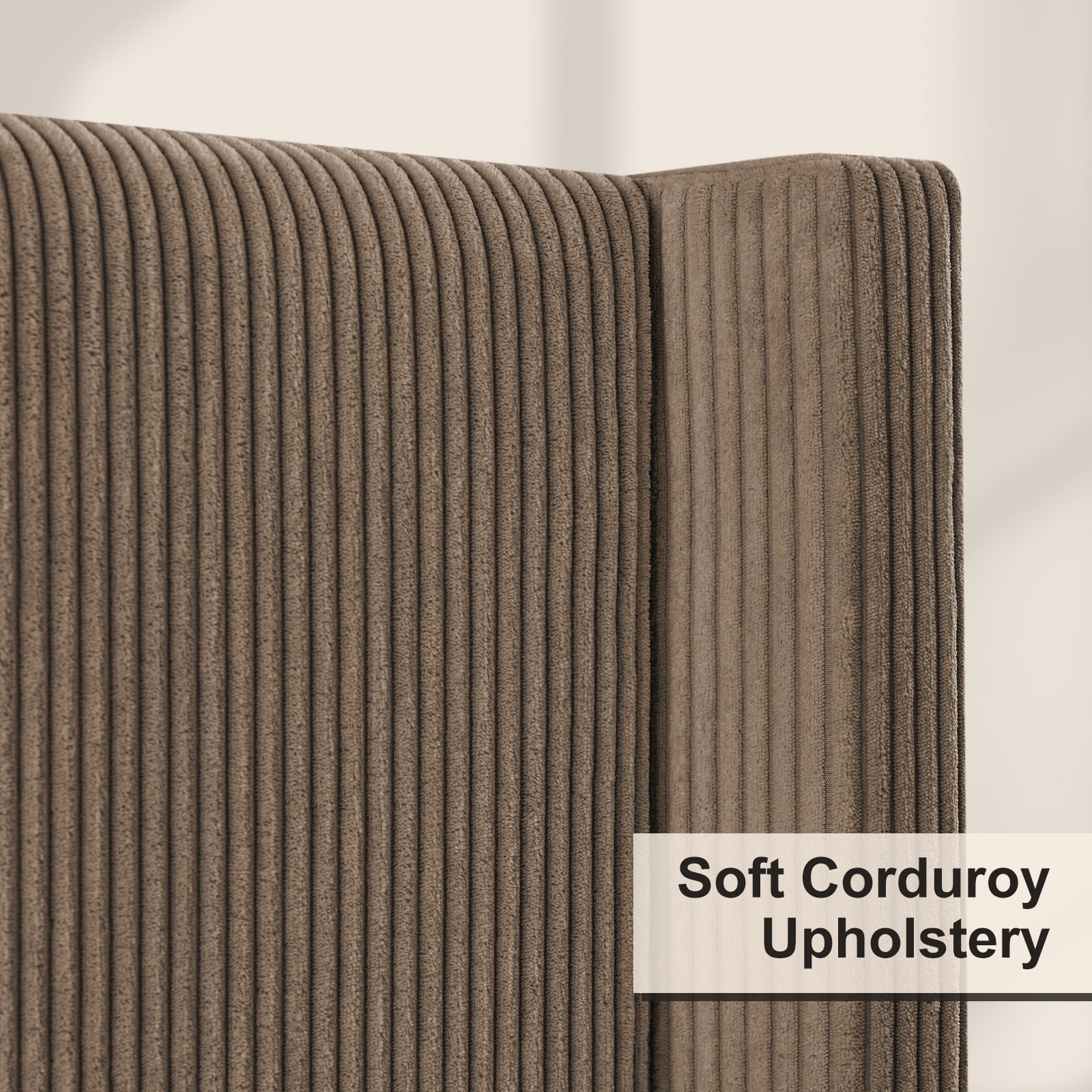 VanAcc Queen Size 61" Corduroy Upholstered Bed Frame with Vertical Stripe Wingback Headboard/Brown