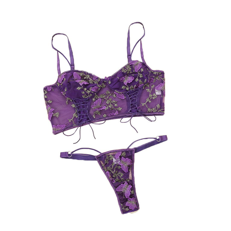 2DXuixsh Push Up Bras for Women Suit Lingerie Underwear Bra Women's  See-Through Two-Piece Embroidery Honeymoon Lingerie for Women Plus Size  (90% Spandex) Purple Xl 