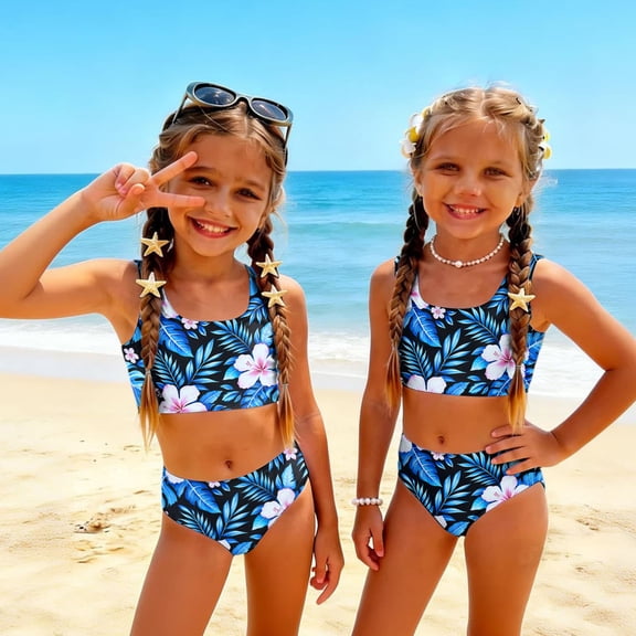 CCRFTGI Swimsuit for Kids Girls Size 7 Two Piece Sets Swim Vacation Bathing Suits Beach Holiday Hawaiian Tropic Bikini Set Cute Summer Girls Fashion Swim Suit Kids Bikini Blue 1-2 Years