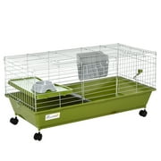 Rolling Small Animal Cage, Green Bunny Guinea Pig Cage with Food Dish, Water Bottle, Hay Feeder, Platform & Ramp for Ferret Chinchilla