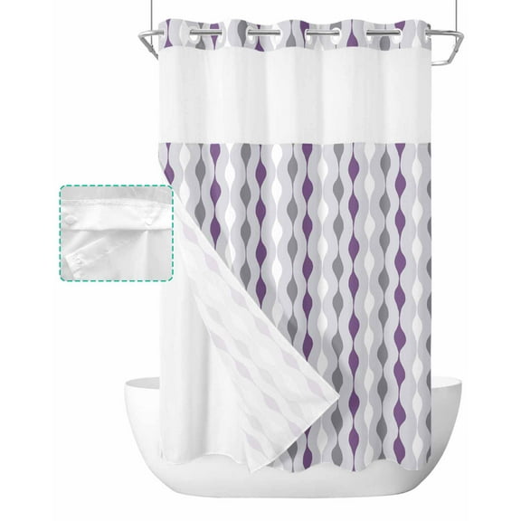 No Hook Shower Curtain with Snap in Liner, Purple Grey and White Geometric Striped Hotel Shower Curtains for Bathroom, Washable Shower Curtain Liner Set with Mesh Top Window, 36"x78"