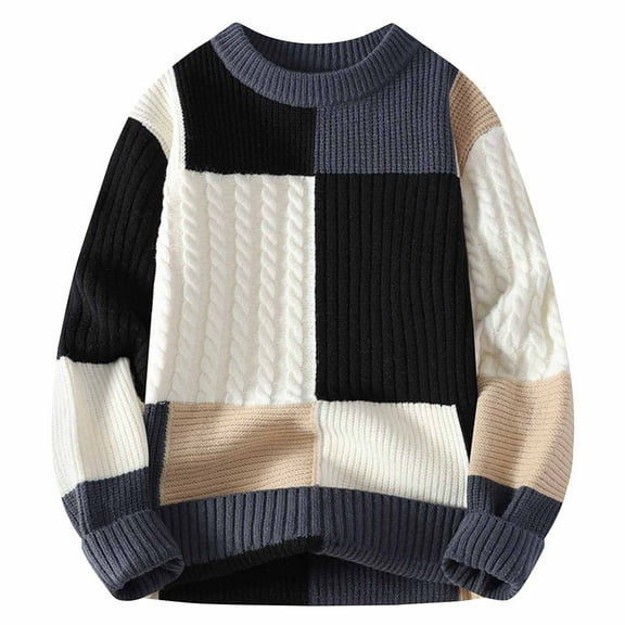 Wyobmus Long Sleeve Sweaters for Men Crewneck Color Blocking Versatile Cable Knit Pullover Sweater Jumper Black