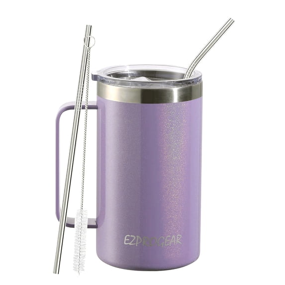Ezprogear 24 oz Stainless Steel Coffee Mug Double Wall Beer Tumbler Vacuum Insulated Camping Cup with Straws, Handle and Lid (Glitter Violet)