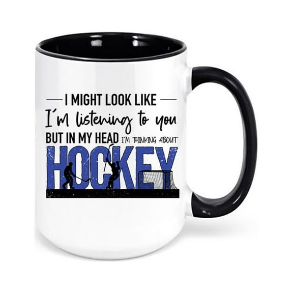 Hockey Coffee Mug, Hockey Gift, Thinking About Hockey, Ice Hockey Mug, Gift For Him, Sports Fan, Hockey Cup, Sublimated Design, Hockey Fan, BLACK