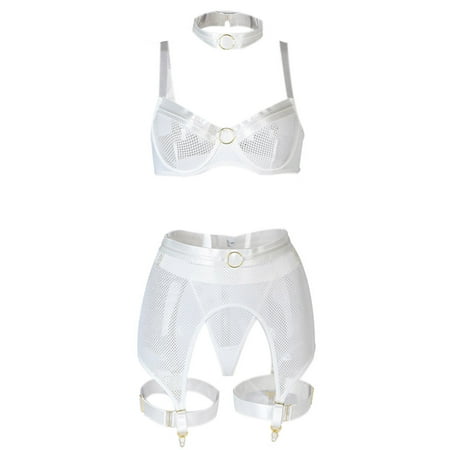 

Binpure Women’s Mesh Yarn Bra and Panty with Choker Garter Belt Lingerie Set