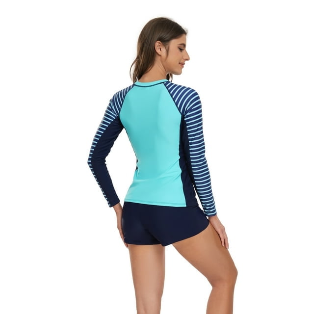 Women's Long Sleeve Rash Guard UPF 50+ Sun Protection Swimsuit Top Striped Swim  Shirts for Swimming, Hiking, Surfing(Only Top,No Bra) 