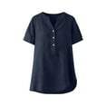thumbnail image 2 of RongHuan Cotton Linen Shirts for Women Casual V Neck Blouses Button Down Short Sleeve Shirt Solid Color Work Tops, 2 of 6