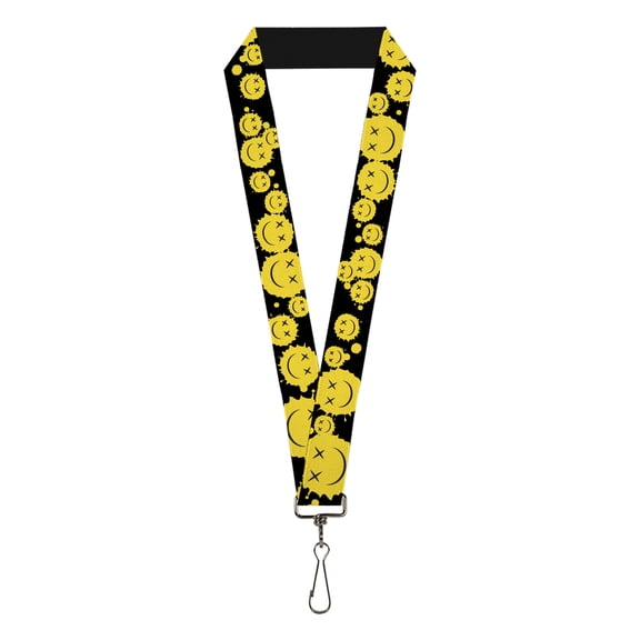 Buckle-Down Lanyard, Smiley Face Splatter Scattered Black Yellow, Elastic