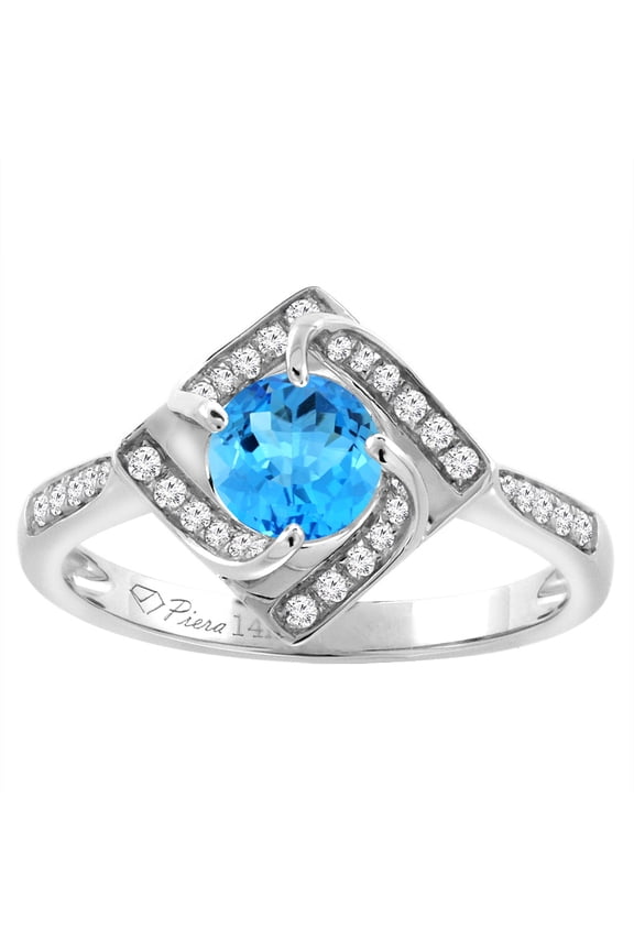 14K White Gold Diamond Natural Swiss Blue Topaz Engagement Ring Round 7 mm, size 9