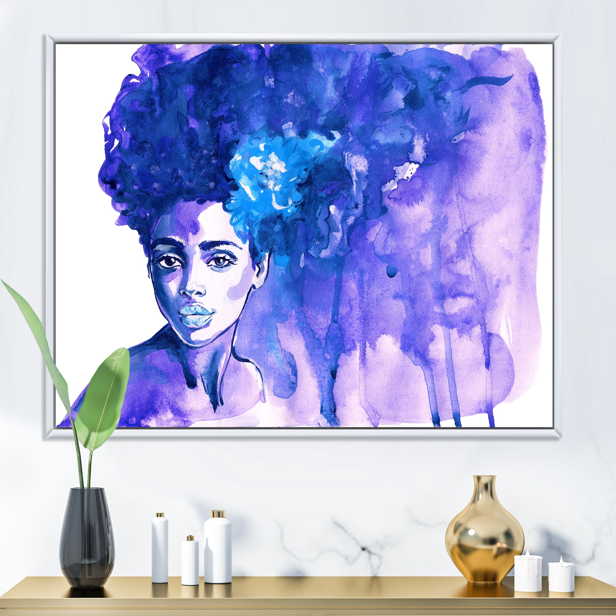 Designart 'Glorious Blue Portrait of Afro American Woman' Modern Framed Canvas Wall Art Print