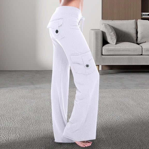 SNKSDGM Women's Plus Pants for Women Casual Elastic Waist Cargo Pants Women Tall Girl Women Casual Solid Button Micro Flare Pocket Drawstring Trousers