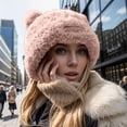 thumbnail image 2 of XIAOCHA Women’S Bear‑Ear Beanie Fuzzy Hats Fall‑Winter Daily‑Use Toque,Pink, 2 of 4