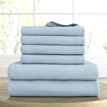 Noble Linens 6 Piece Light Blue Solid Microfiber Bed Sheet Set For King Size Bedding