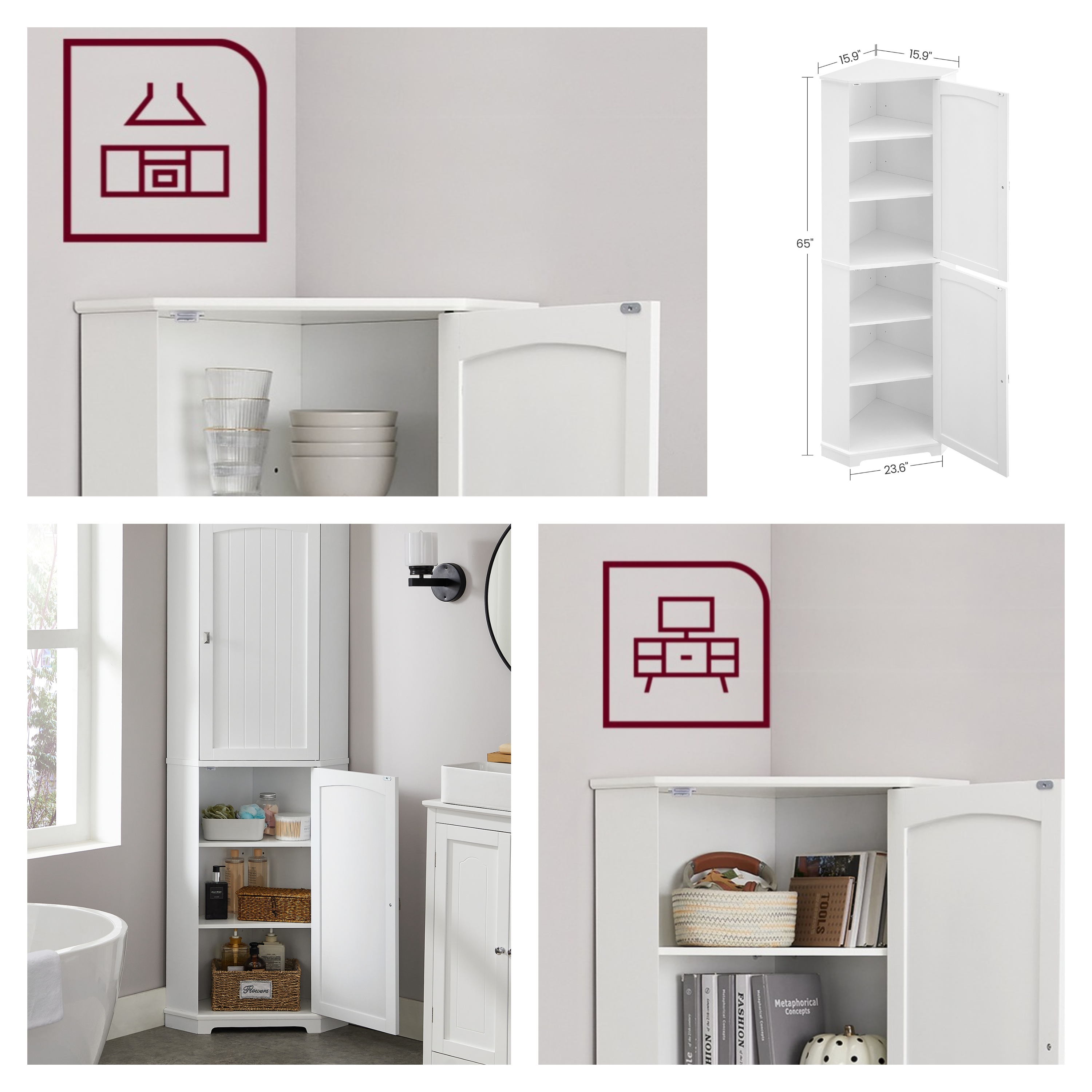LEDREM Tall Corner Storage Cabinet, 65.5 Inch Farmhouse Organizer with 2 Doors & 4 Adjustable Shelves, Anti-Tip Design for Bathroom Kitchen Living Room, White
