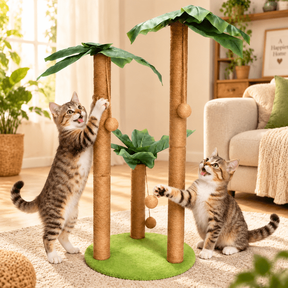 ManyFun 34" Cat Scratching Posts Sisal Cat Scratcher Green,with Interactive Balls for Indoor Cats, Extra Large