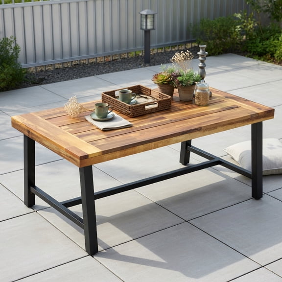 Spaco Acacia Wood Coffee Table, Patio Coffee Table with Thickened Top and Heavy-duty Metal Legs for Patio, Garden, Backyard, Brown