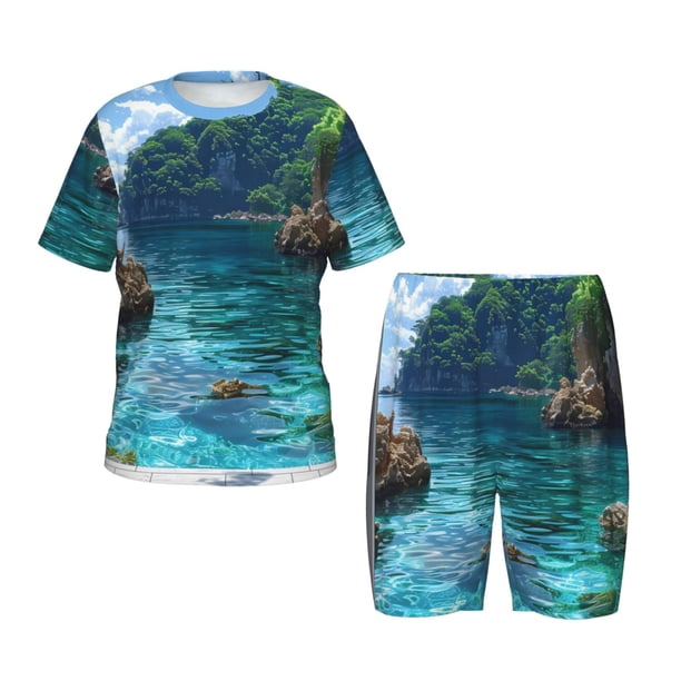 Balery Tropical Paradise Window View Conjunto de Pijama Infantil de Manga Corta con Estampado – Ropa de Dormir de Algodón Suave-Medium
