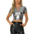 thumbnail image 1 of INSPIRE CHIC Crop Tops Metálicos para Mujeres con Manga Corta y Abertura para Fiesta de Halloween Top Brillante Holográfico XS Negro Plateado, 1 of 5