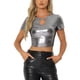 thumbnail image 1 of INSPIRE CHIC Crop Tops Metálicos para Mujeres con Manga Corta y Abertura para Fiesta de Halloween Top Brillante Holográfico M Negro Plateado, 1 of 5