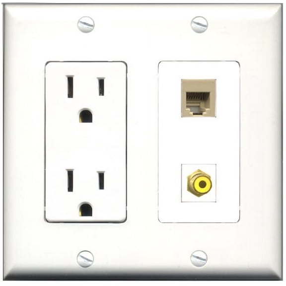 RiteAV - 15 Amp Power Outlet and 1 Port RCA Yellow and 1 Port Phone RJ11 RJ12 Beige Decorative Type Wall Plate White