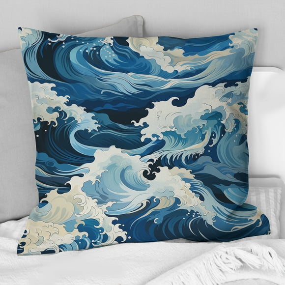 Designart "Tsunami Crests In White And Blue Japan III" Coastal Throw Pillow - Coastal Pillow For Couch - Insert And Pillows Covers For Living Room Decor