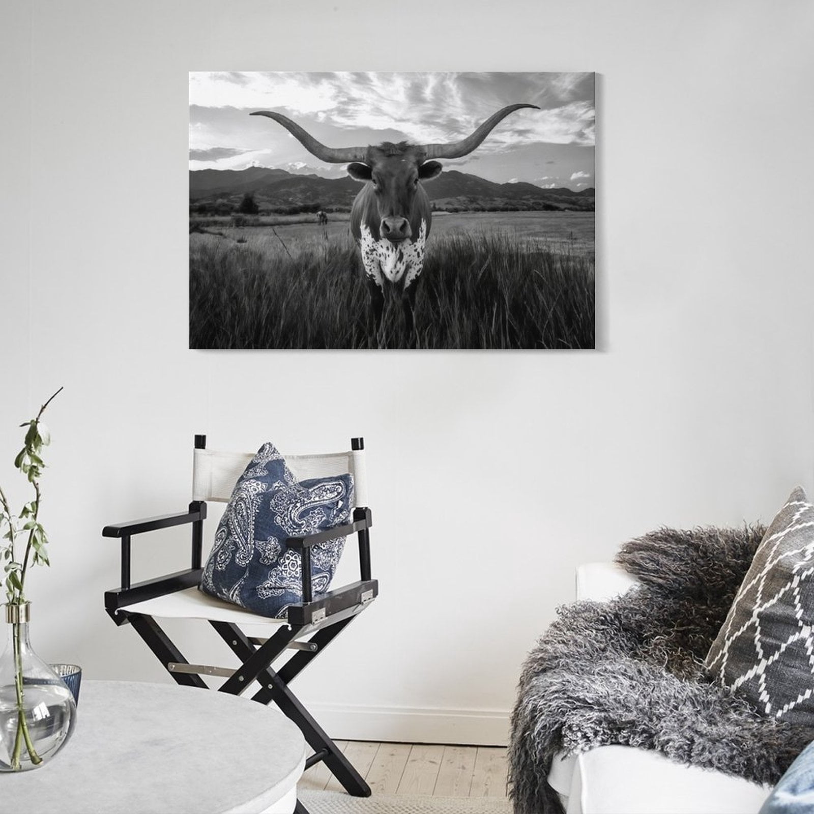 YarnArtistry Black and White Texas Animal Canvas Wall Art Highland Cattle with Long Horns Picture Longhorn in Sunset Farm Painting for Home Decor Modern Living Room Decorations