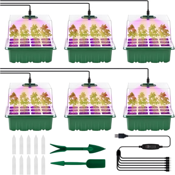 KORALAKIRI 6 Packs Seed Starter Tray with Grow Lights, 72 Cells Seed Starter Kits with Humidity Dome, 3 Lights for Seed Starting, 4 Timing Set, 8 Full Spectrum Germination Kit for Plant Seedling