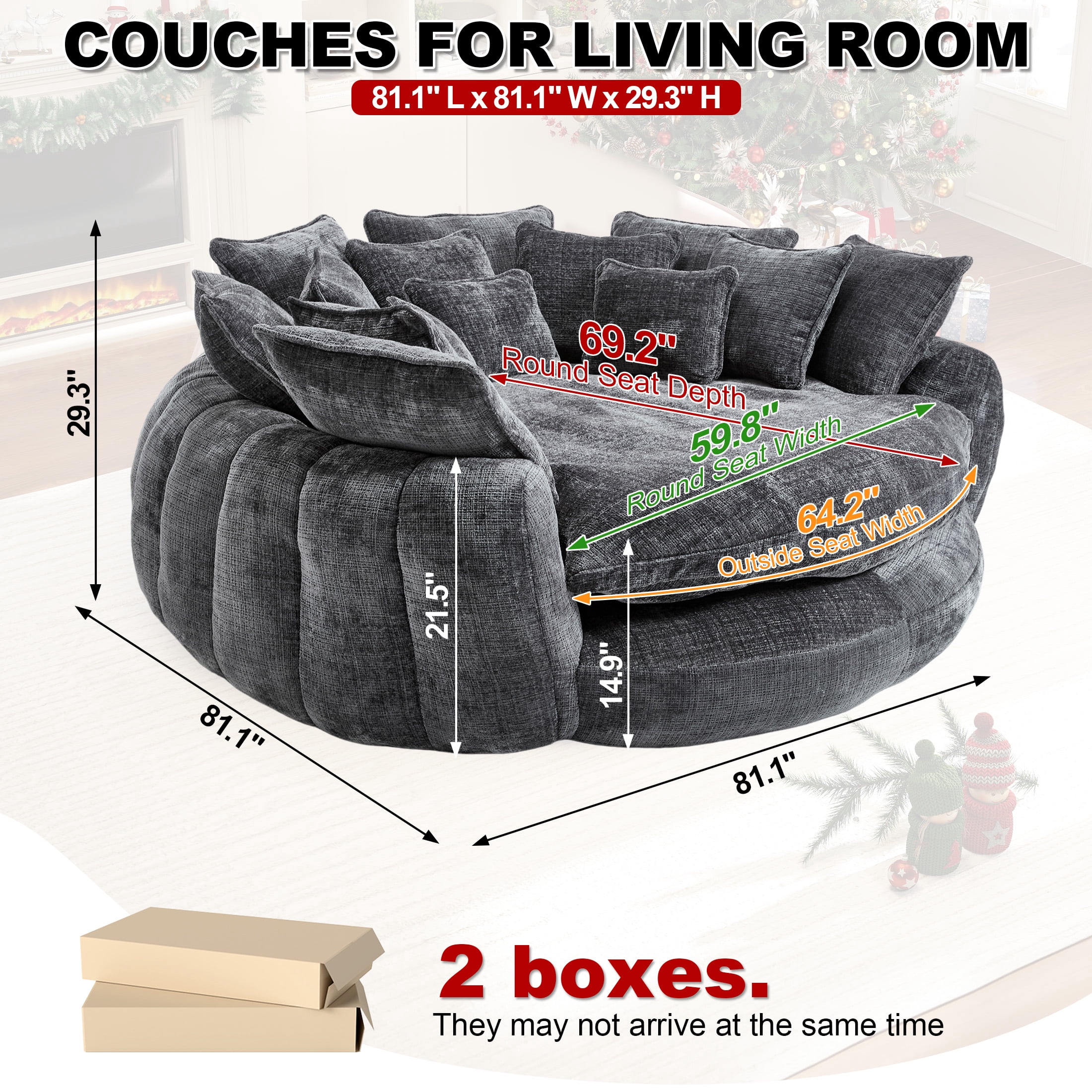 Aukfa 81.1" Oversized Cloud Couch Sleeper Sofa with Round Chaise Lounge, Modern Chenille Upholstered Boneless Sofa with Memory Foam and 14 Pillows, Dark Gray
