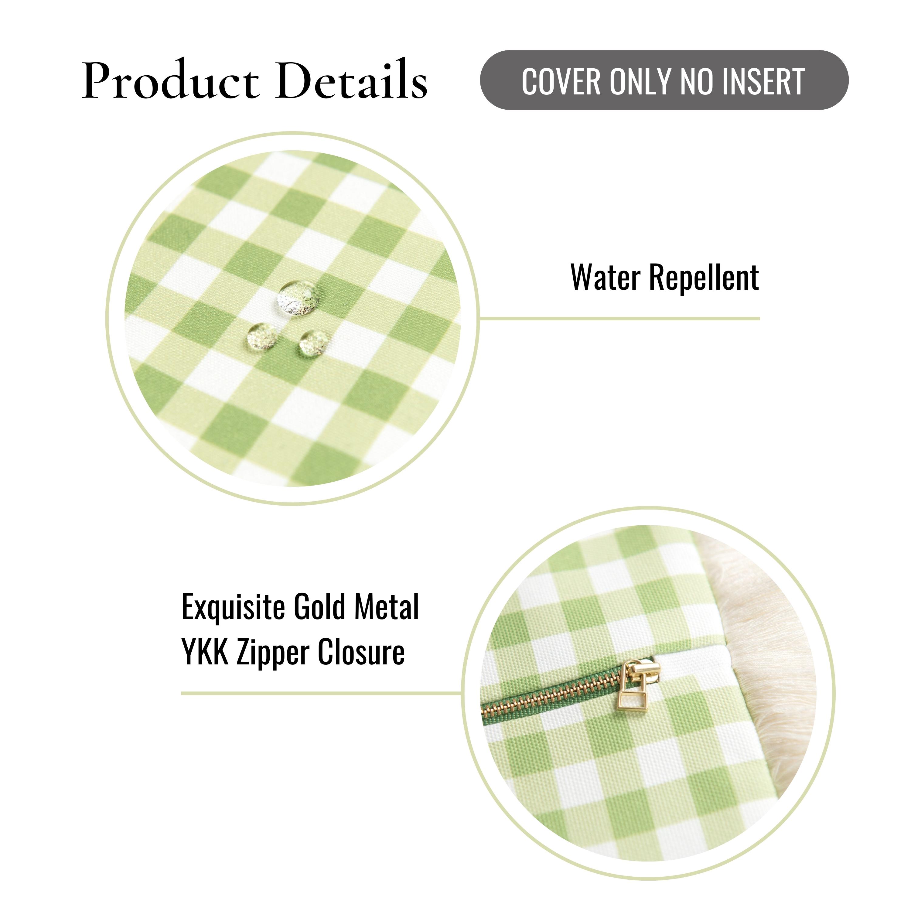 Hofdeco Premium Coastal Patio Indoor Outdoor Pillow Cover Only, 20"x20" Water Resistant for Backyard, Couch, Green Gingham Fringe