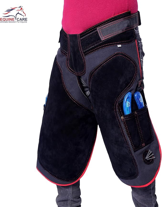Equine Care Farrier Apron Chaps – 23" Length, 2mm Cowhide Leather & 500 GSM Canvas, Ergonomic Padding, Air-Mesh, Dual Magnets, Adjustable Waist (28"-52"), Ideal for Horseshoeing & Hoof Trimming.