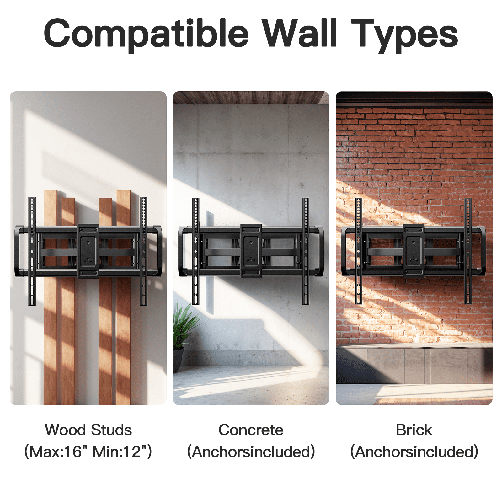 MountFTV Full Motion TV Wall Mount Bracket for 42-90 inch TVs, Heavy Duty tv wall mount with Swivels Tilts Extension, Max 600x400mm, Holds up to 132lbs, 12 /16 inch Wood Studs