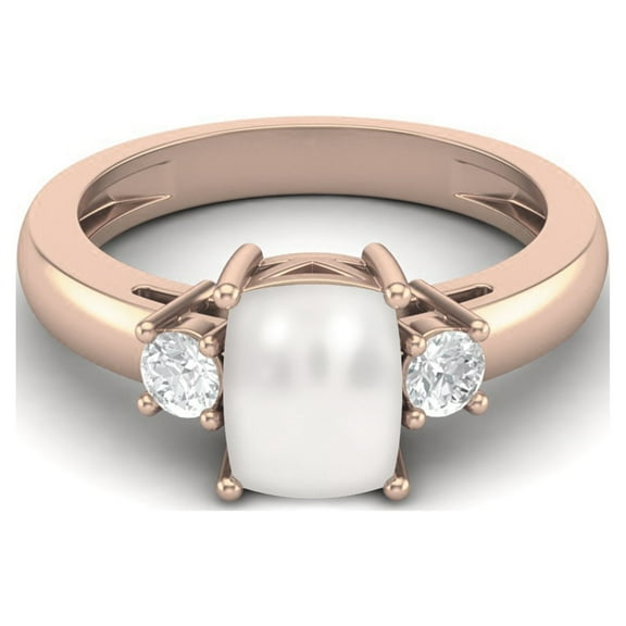 8X6 Cushion Shape Pearl Three Stone Ring in 925 Sterling Silver Rose Vermeil Dainty Engagement Promise Mother's Day Gift Ring for Women