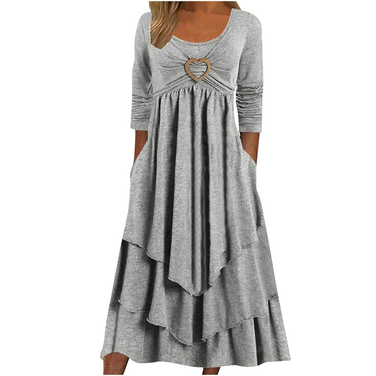 knee length dresses for ladies Pink Split Neck Three Quarter Sleeve Tiered Midi Dress
