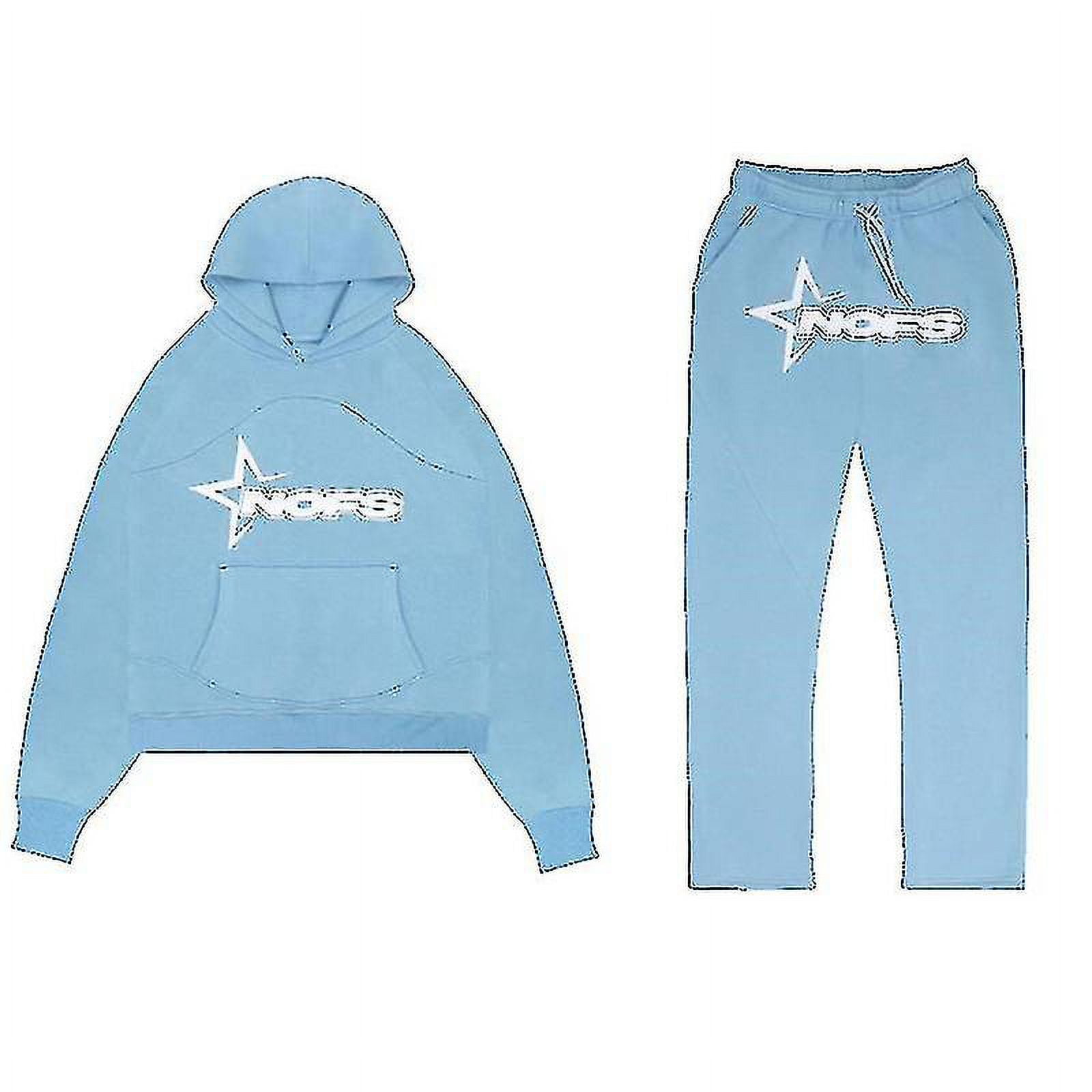 Tracksuit Mens Y2k Loose Casual Jogging Suit Nofs Printed Streetwear Hoodie Sweatpants Set Size XL light blue
