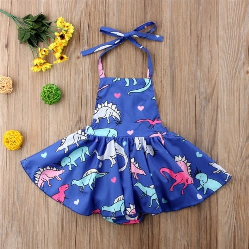 Newborn Baby Girls Cartoon Dinosaur Print Sun Dresses Toddler Clothes Outfits