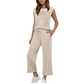 thumbnail image 2 of Spring Summer 2 Piece Lounge Sets For Women Sleeveless Crew Neck Top Wide Leg Pants Travel Beach Vacation Outfits Solid Tracksuits, 2 of 7