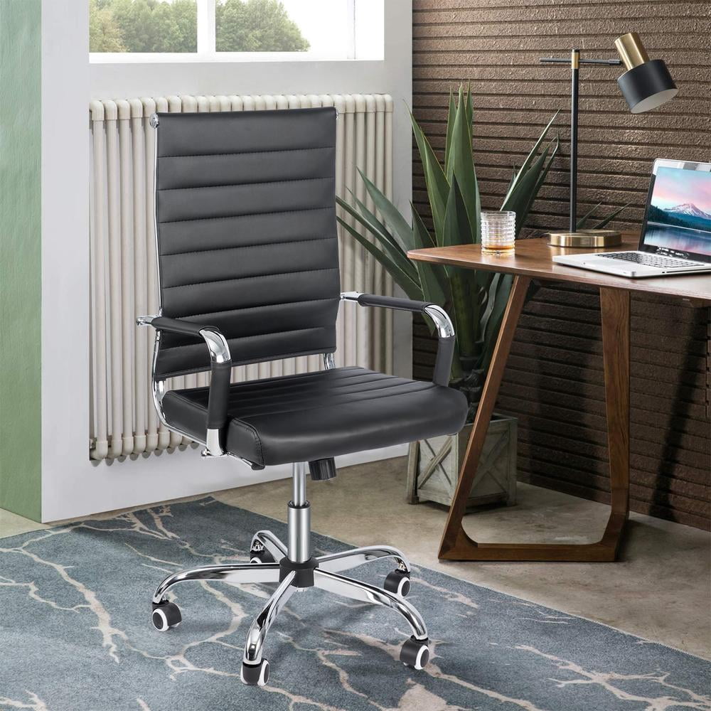 Okeysen Mid-Back Ribbed Home Office Desk Chair Ergonomic Faux Leather Conference Room Swivel Chairs Adult, Black