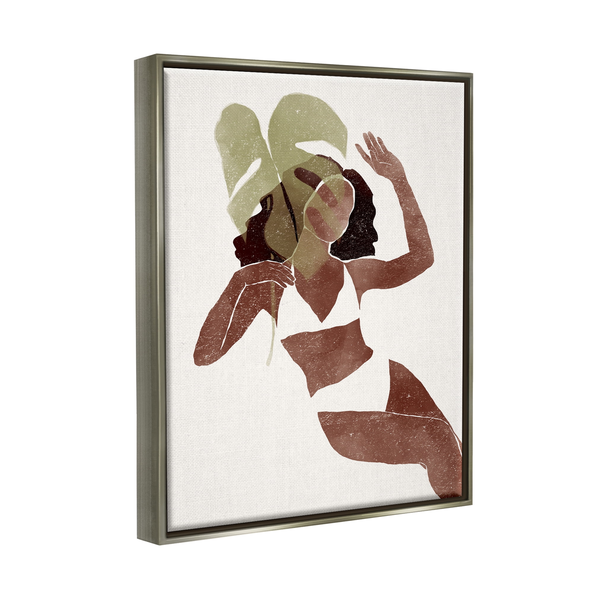 Stupell Monstera Leaf Girl Earth Tones Botanical & Floral Painting Gray Floater Framed Art Print Wall Art