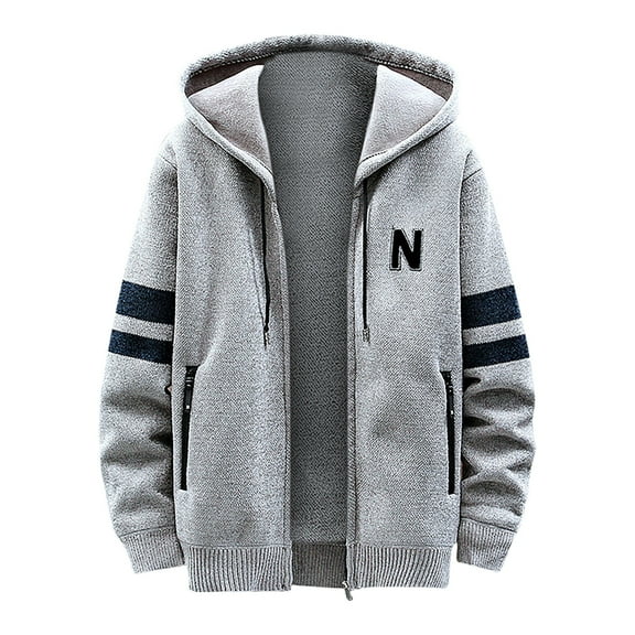 Men's Winter Thermal Knitwear Jackets Fashion Stripe Contrast Color Sleeve Hooded Coats With Zipper Closure Pockets
