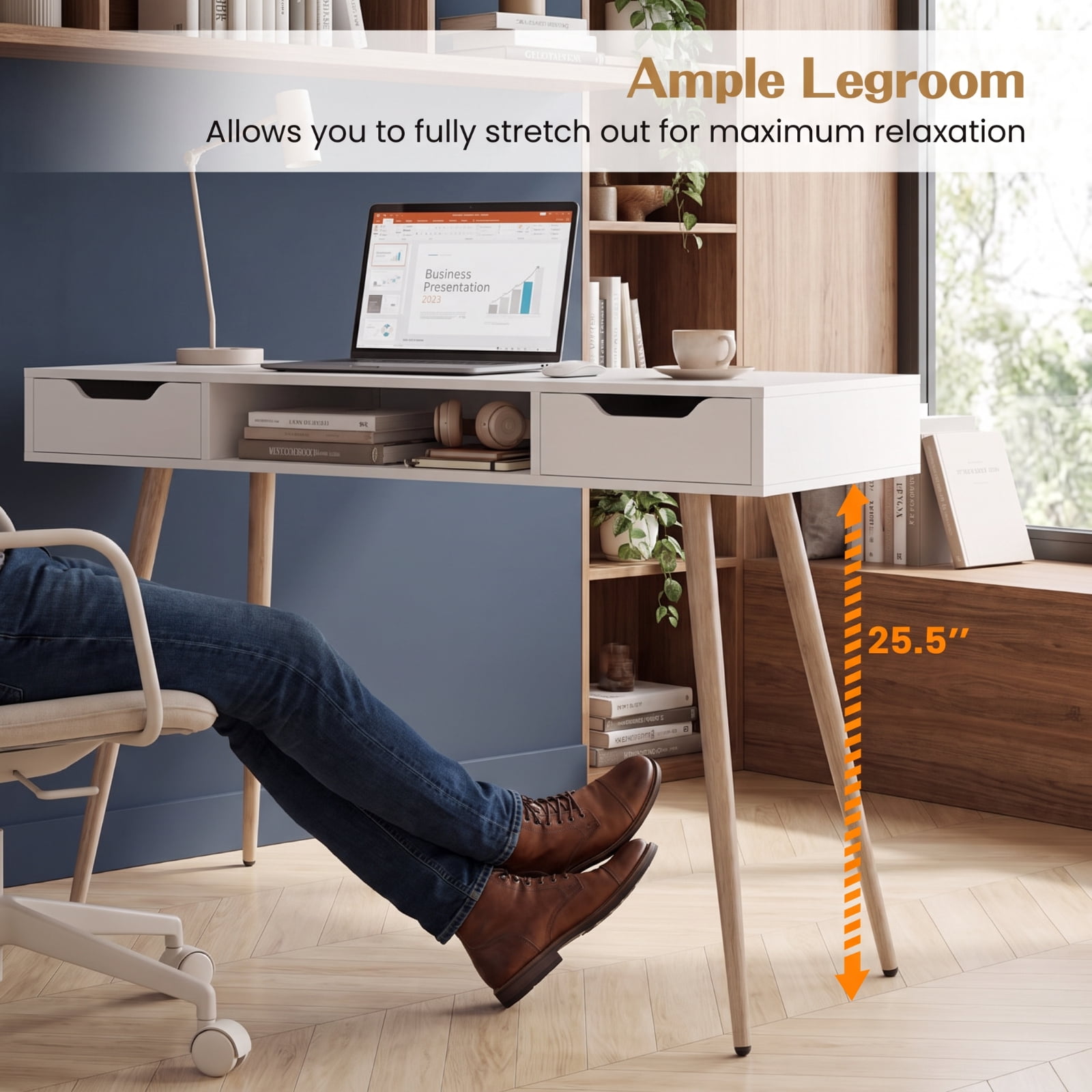 Furnibear 42.5 Inch Mid Century Modern Writing Desk With Metal Legs and 2 Drawers, White Desk With Open Compartment for Bedroom, White