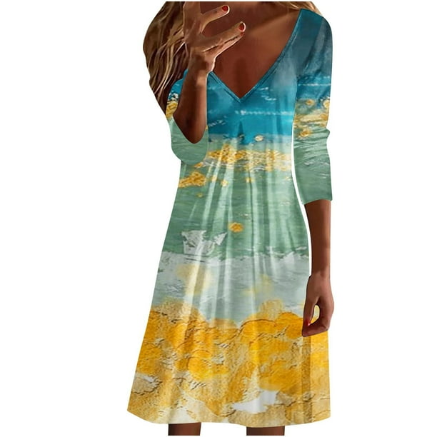 Vestido de jersey con cuello en V y manga larga estampado a la moda para mujer Pompotops hdfakjf8369