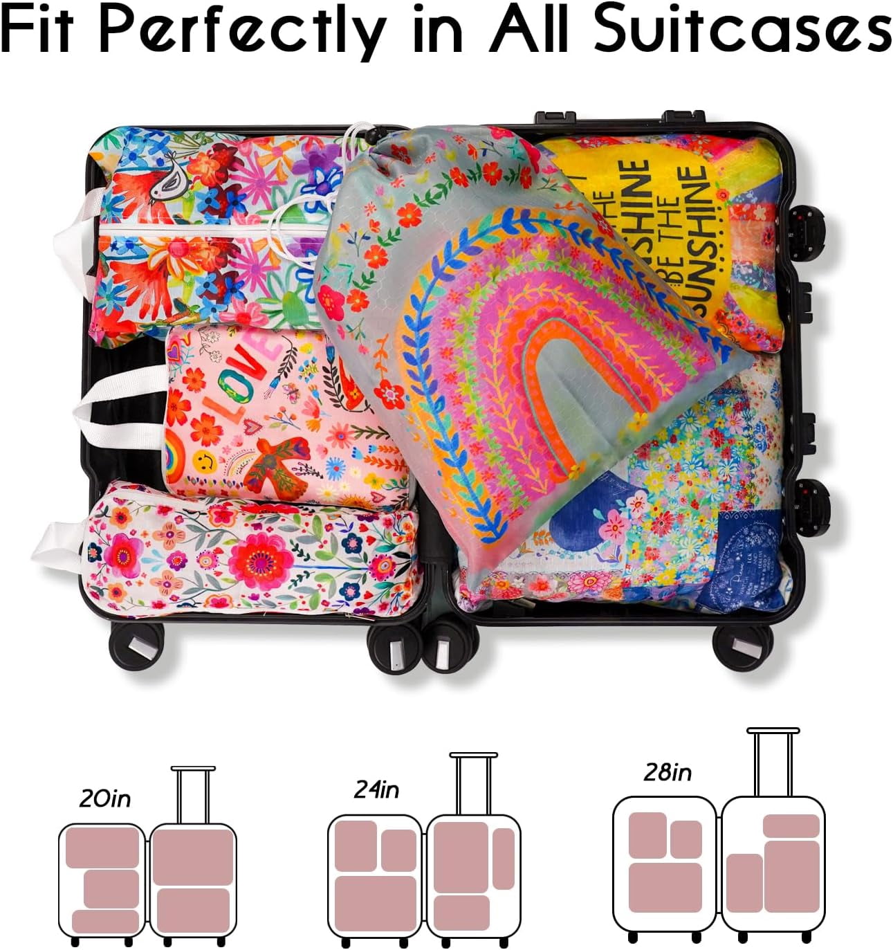 6 Set Compression Packing Cubes for Travel,Bohemia Packing Cubes for Suitcase Luggage Organizer Bags,Travel Essentials for Carry on Backpack,Ultralight and Waterproof (color flowers leaves)