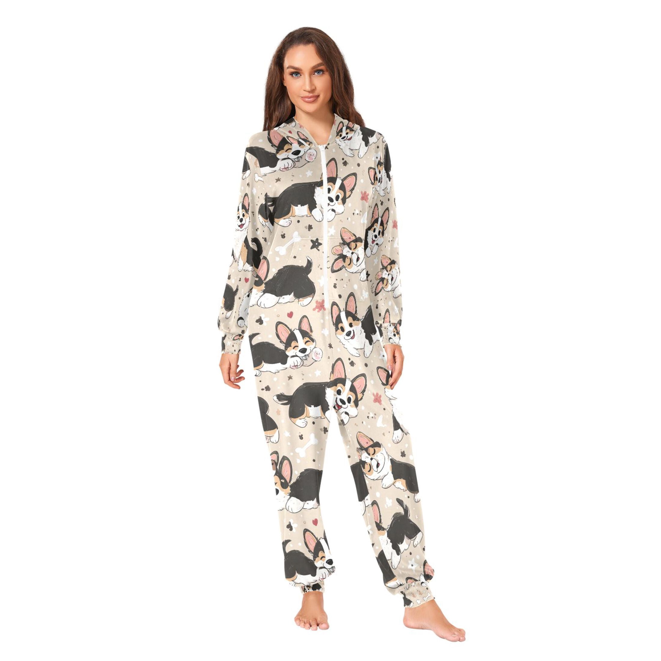 Adult Christmas Onesie Corgi Adult Zipper One-Piece Pajamas Unisex Pajamas with Pockets
