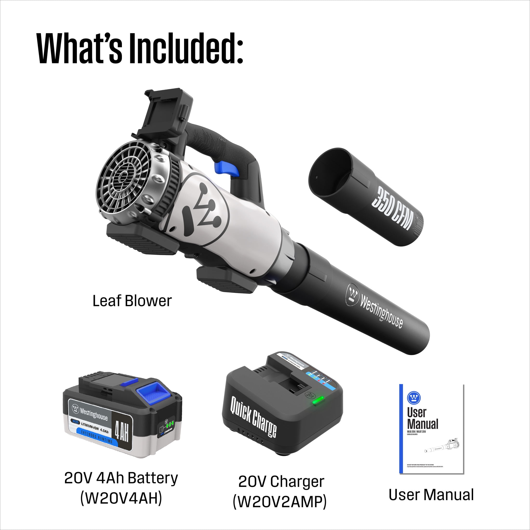 Westinghouse Cordless 20V Leaf Blower with 4Ah Battery and Charger, 350 CFM and 110 MPH Max Airspeed, 2 hr. Charge Time with Variable Speeds