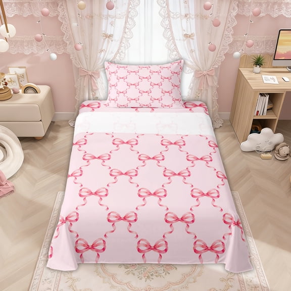 Manfei Pink Princess Bow Twin Sheet Sets for Girls, Cartoon Bowknot Style Bedding, 3pcs