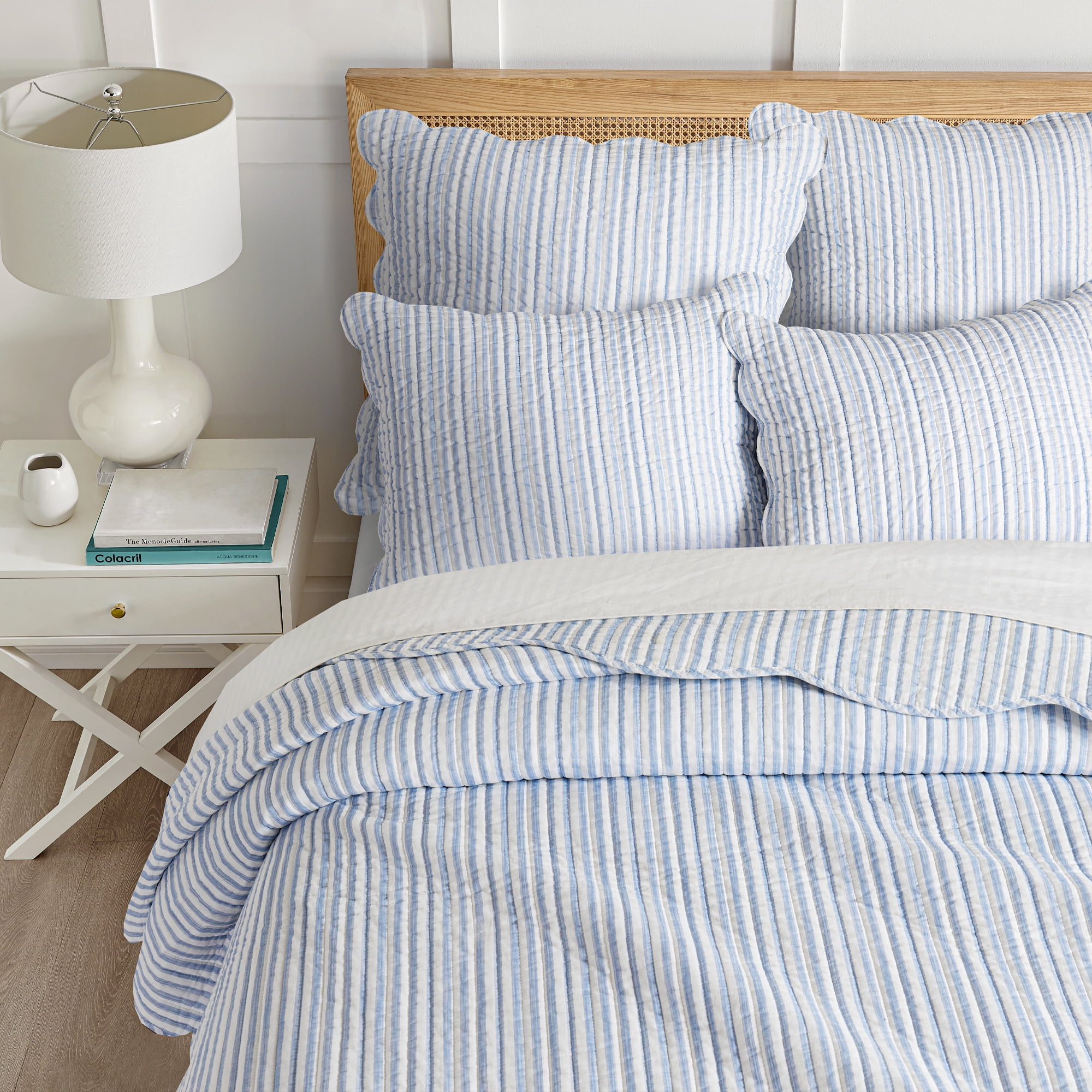 Levtex Home - Martha Stripe Quilt Set - Full/Queen Quilt and Two Standard Shams - Stripe - Blue White - Quilt (88x92in.) and Shams (20x26in.) - Reversible - Cotton
