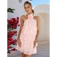 thumbnail image 4 of Women's Floral Backless Mini Halter Neck Applique Layered Ruffled Hem Dress for Party Pink L, 4 of 8